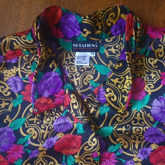 VTG 80s/90s Notations Floral Peony Gold Button Down Silk Blouse - Picture 3 of 4